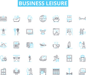 Business leisure linear icons set. Nerking, Entertainment, Team-building, Relaxation, Hospitality, Retreats, Golf line vector and concept signs. Spa,Fine-dining,Luxury outline illustrations