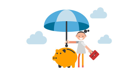 Investor with her piggy bank safety money covered by big umbrella.