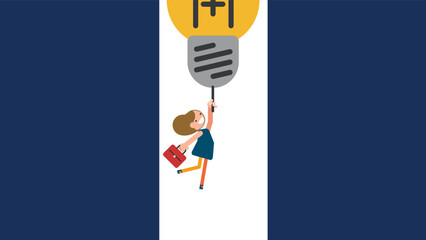 Businesswoman flying with lightbulb. Business finance. Flat vector illustration.