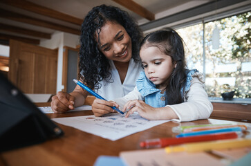Study, home school and a mother teaching her daughter about math in the home living room. Education, homework and child development with a student girl learning from her female parent in a house