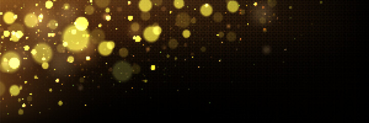 Gold light bokeh effect on black and transparent background. Abstract blur texture of golden sparkles, magic dust or confetti, vector realistic illustration