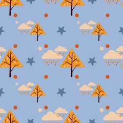 Vector seamless pattern with yellow triangle trees, raining clouds, stars. Texture for fabric, wallpaper, textile, apparel, wrapping paper, banner, print, card, gift, fabric, advertising, fabric.