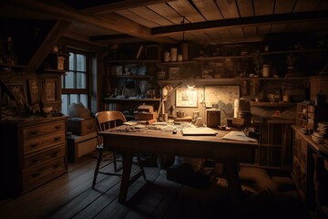 Upstairs workspace in cozy dwelling. Generative AI