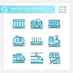 Railway logistics pixel perfect blue RGB color icons set. Rail freight transport. Railroad track. Train wagon. Isolated vector illustrations. Simple filled line drawings collection. Editable stroke
