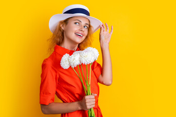 girl with mothers day flowers on background, banner. photo of girl with mothers day