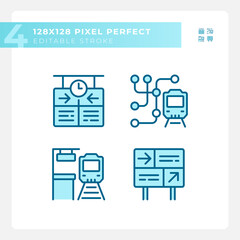 Railway station pixel perfect blue RGB color icons set. Train platform. Rail travel. Transport system. Isolated vector illustrations. Simple filled line drawings collection. Editable stroke