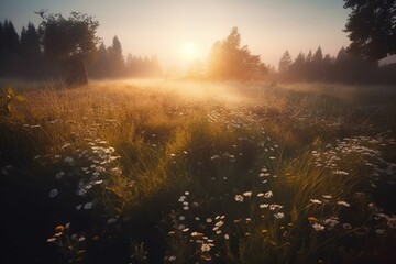 meadow with flowers at sunrise. Generative AI