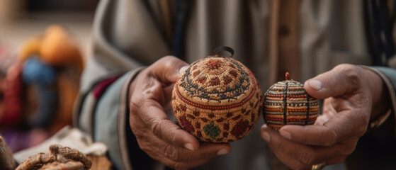 Hands presenting a traditional artisan piece during a journey, generative ai