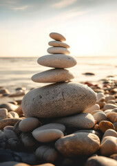 Fototapeta na wymiar Close-up of balanced rocks on a beach by the sea, generative ai
