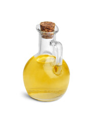 Glass jug of cooking oil isolated on white