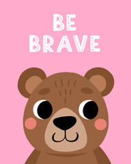 Animal bear kid card. Cute child greeting and invitation cards for birthday, baby party posters, motivational lettering. Childish print nursery decor. Bright background. Vector doodle characters