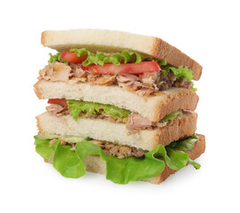Delicious sandwich with tuna, tomatoes and lettuce on white background