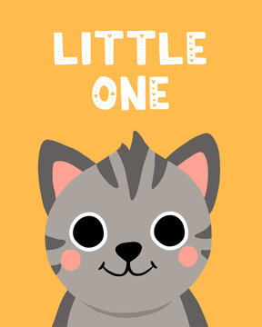 Animal cat kid card. Cute child greeting and invitation cards for birthday, baby party posters, motivational lettering. Childish print nursery decor. Bright background. Vector doodle characters