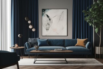 Contemporary living room with blue couch, drapes, chair, table, wood accents, and wall art. Generative AI