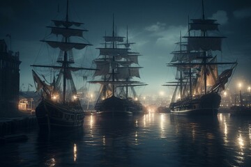 A bustling harbor of tall ships under moonlight in Victorian painting style, with a sci-fi/fantasy/horror twist. Suitable for graphic novels, postcards, or products. Generative AI