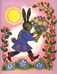 A rabbit in colorful clothes and boots is carrying a large bouquet of beautiful flowers. There are many flowers around and the bright sun is shining. The illustration is in a pencil style. AI.