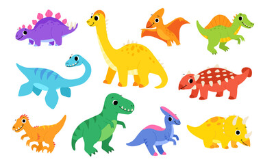 Collection of cute dinosaurs. Hand drawn cartoon brontosaurus, tyrannosaurus, pterodactyl, triceratops, stegosaurus, spinosaurus, plesiosaurus, ankylosaurus, velociraptor, parasaurolophus