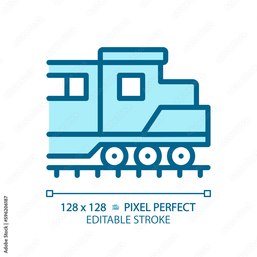 Poster Locomotive pixel perfect blue RGB color icon. Diesel engine. Freight train. Rail transport vehicle. Power car. Isolated vector illustration. Simple filled line drawing. Editable stroke