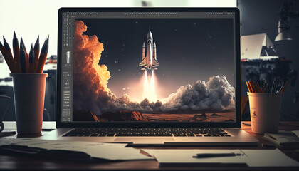 Launching Space Rocket From Laptop Screen For Startup Concept - Generative AI