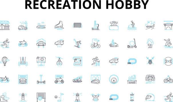 Recreation hobby linear icons set. Swimming, Cycling, Running, Yoga, Painting, Hiking, Skiing vector symbols and line concept signs. Gardening,Photography,Reading illustration