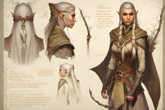 DD elf asian woman long platinum hair tall tan skin brown eyes archer outfit adventurer graceful medieval clothes character design sheet full body medieval times fantastical atmosphere lovecraftian 