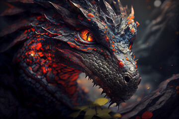 Photorealistic fire-breathing dragon on a dark background. Aspect ratio 3:2 Generative AI.