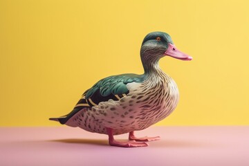 Ceramic mallard with green head & yellow beak on pink background. 3D view. Generative AI