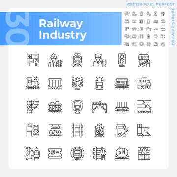 Railway industry pixel perfect linear icons set. Railroad company. Rail transport. Train station. Customizable thin line symbols. Isolated vector outline illustrations. Editable stroke