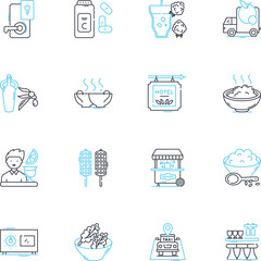 Catering services linear icons set. Food, Menu, Buffet, Platters, Favors, Servers, Appetizers line vector and concept signs. Cuisine,Banquet,Presentation outline illustrations