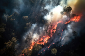 Fototapeta na wymiar Aerial view of a massive forest fire. Drone top view of wildfire with smoke and burning trees from the height of a bird flight. Ecological catastrophe. 6K high resolution image. Generative AI