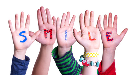 Children Hands Building Word Smile, Isolated Background