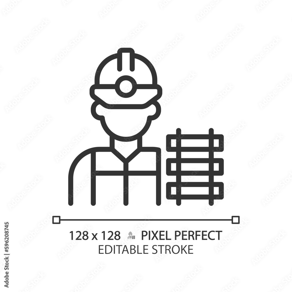 Canvas Prints Railway worker pixel perfect linear icon. Railroad labor. Train track. Rail maintenance. Civil engineering. Thin line illustration. Contour symbol. Vector outline drawing. Editable stroke