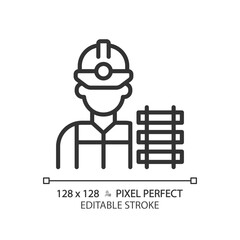 Railway worker pixel perfect linear icon. Railroad labor. Train track. Rail maintenance. Civil engineering. Thin line illustration. Contour symbol. Vector outline drawing. Editable stroke