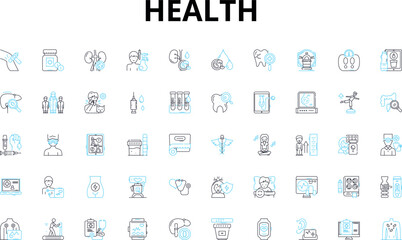 Health linear icons set. Fitness, Nutrition, Wellness, Hygiene, Sleep, Exercise, Mental health vector symbols and line concept signs. Medication,Diet,Vitamins illustration