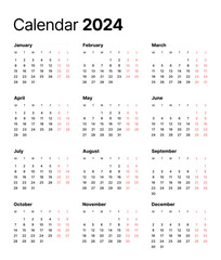 Annual calendar template for 2024 year. Week Starts on Monday. Business calendar in a minimalist style for 2024 year.