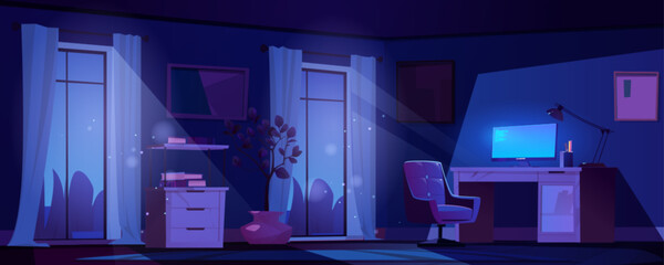 Night work office room with magic light vector background. Dark empty remote workplace interior with table, computer and armchair. Mystery moonlight ray falling from window with curtain concept.
