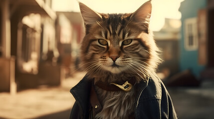 cowboy cat on a wild record dressed as a sheriff. photorealism. Generative AI.