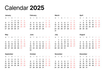 Annual calendar template for 2025 year. Week Starts on Monday. Business calendar in a minimalist style for 2025 year. - obrazy, fototapety, plakaty