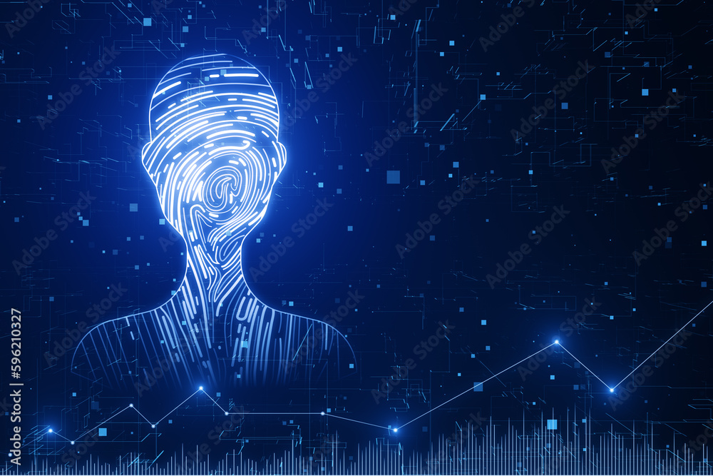 Poster abstract digital fingerprint man or person silhouette on blurry blue backdrop. identity, technology 