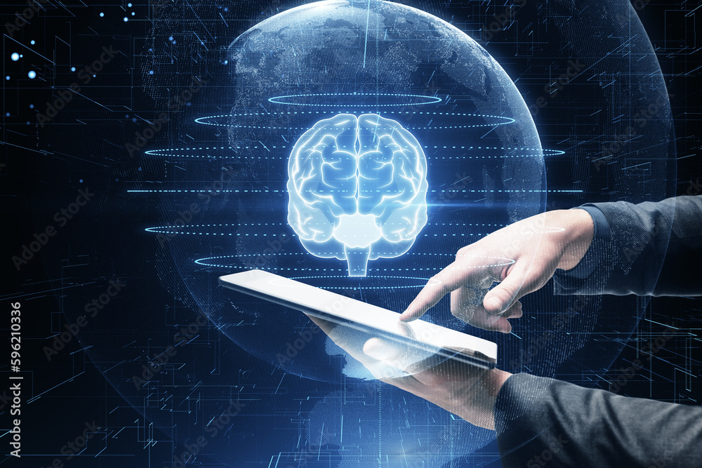 Poster close up of businessman hand using cellphone with creative glowing polygonal brain sphere hologram o