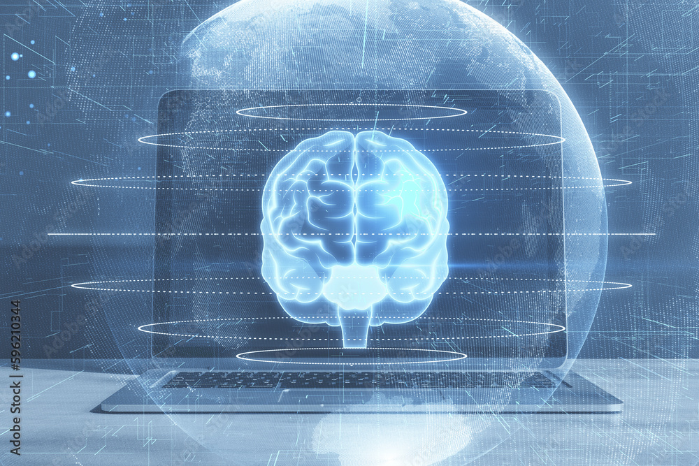Poster close up of laptop on desktop with creative glowing polygonal brain sphere hologram on blurry backgr