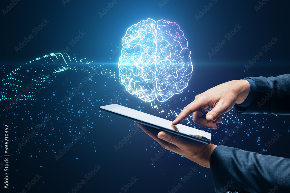 Poster close up of male hands using mobile phone with creative glowing polygonal brain hologram on blurry b