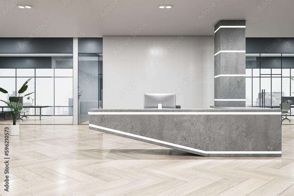 Poster contemporary concrete and hardwood office interior with reception desk and window with city view. of