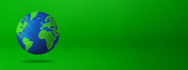 World globe covered with grass and water isolated on green background. Environmental protection symbol