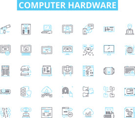 Computer hardware linear icons set. Motherboard, Processor, Graphics, Memory, Storage, Power, Cooling line vector and concept signs. Input,Output,Peripheral outline illustrations