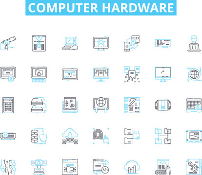 Computer hardware linear icons set. Motherboard, Processor, Graphics, Memory, Storage, Power, Cooling line vector and concept signs. Input,Output,Peripheral outline illustrations