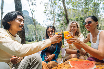 4 friends having a summer party in the nature, happy joyful moment