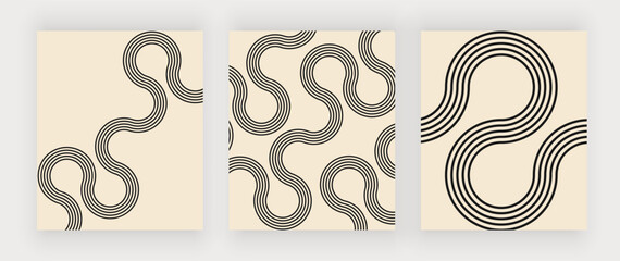Retro wall art prints with black wavy lines in the beige background
