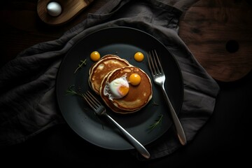 A plate of pancakes and eggs, with cutlery and a napkin, set on a dark cloth. Generative AI