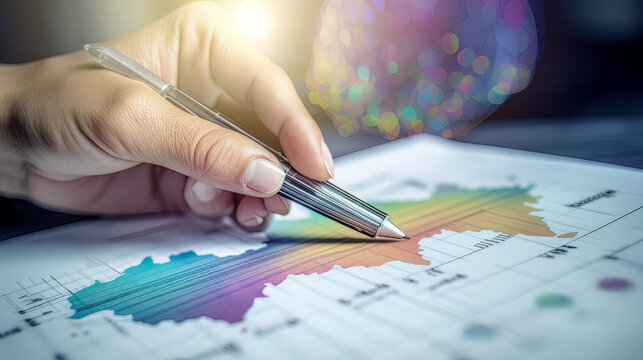 A close-up of a person's hand holding a pen and circling a chart on a financial report, choosing to invest in high-performing assets to increase ROI and profitability, with a blurred background of fin
